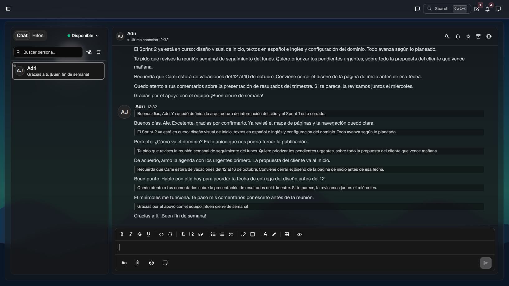 HMHfour internal chat with team conversations.